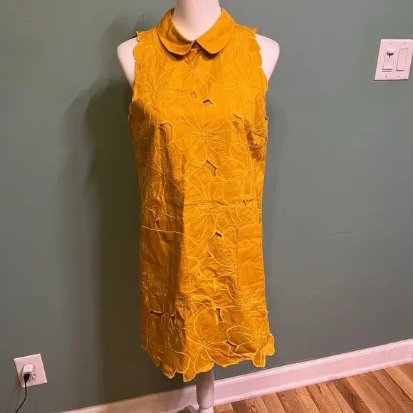 Topshop Yellow Floral Cutout Mini Dress Size 8 Mod Retro Collared Sleeveless - Picture 5 of 9